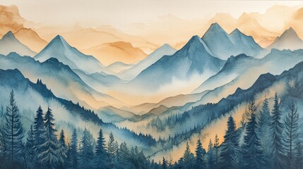 Obraz premium A rectangular paper gift box featuring an artistic watercolor mountain scene 
