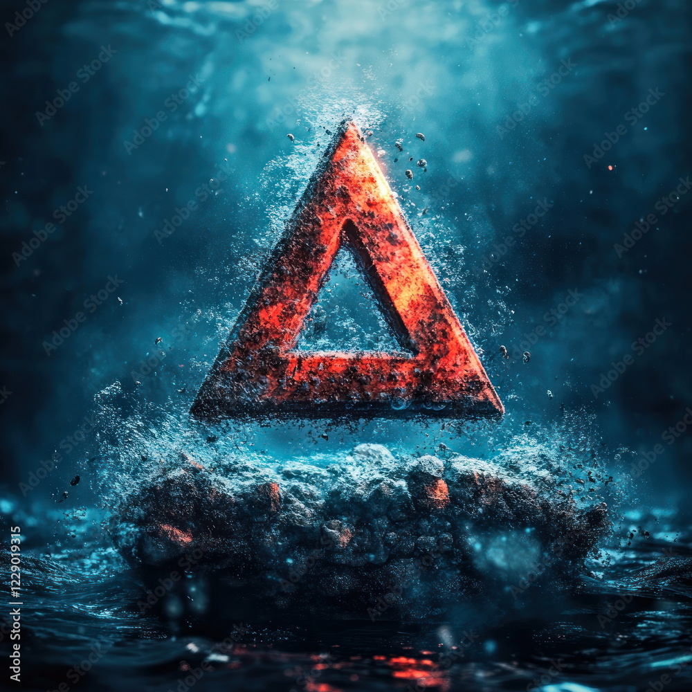 Poster dynamic triangle symbol surrounded by water effects blurry backgrounds