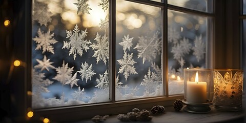 Naklejka premium Snow-covered window with frost patterns, candlelight softly glowing through the glass, and warm, blurry Christmas lights in the background, AI generated