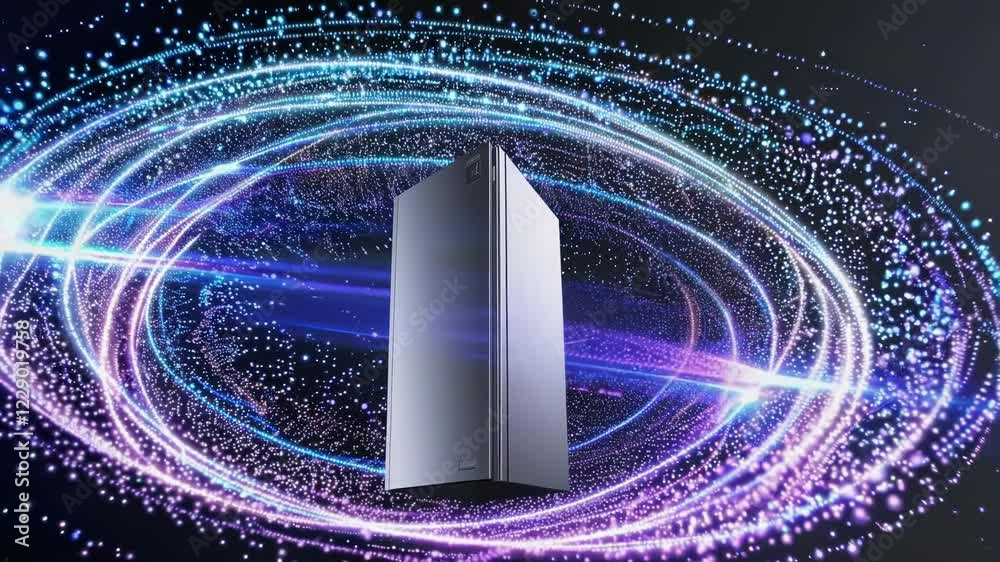 Poster a futuristic digital cloud server surrounded by glowing nebula-like dust and soft swirling light par
