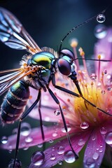 Fototapeta premium Close up of a mosquito using its proboscis to extract fluid, AI generated