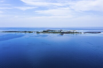 Aerial view, lagoon of the Maldives island Olhuveli with water bungalows, South-Male-Atoll, Maledives