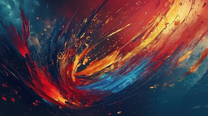 Swirling brushstrokes of red, blue, and gold in a vibrant abstract painting full of dynamic motion and energy
