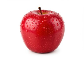 A shiny red apple covered in water droplets with a brown stem isolated on a white background