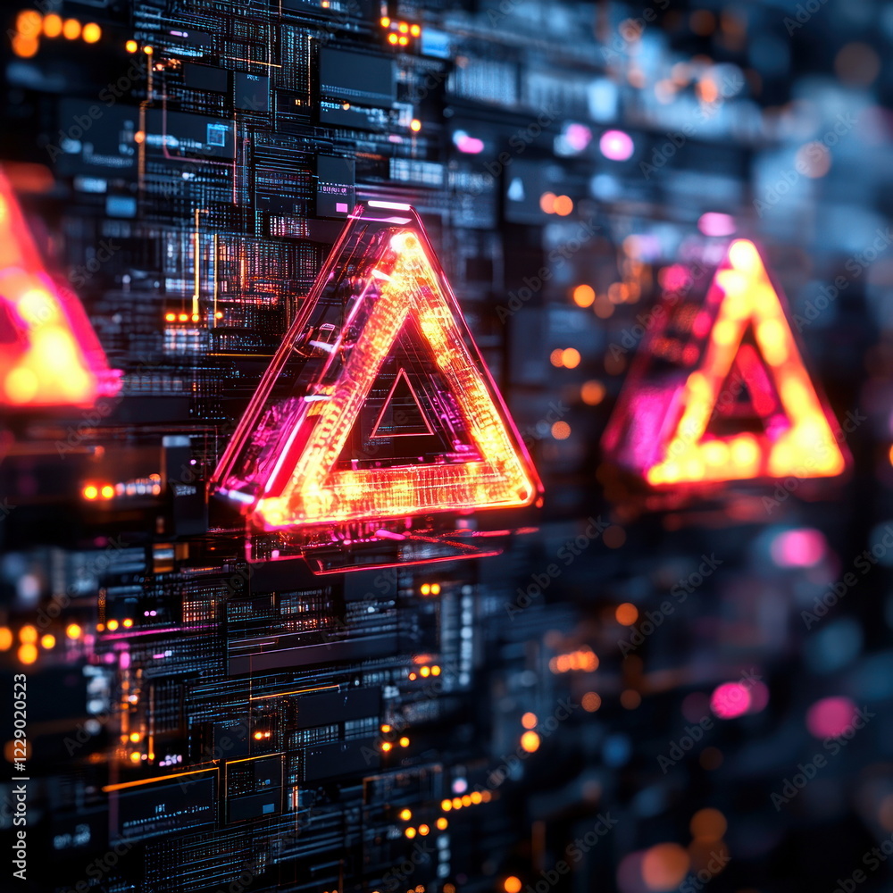 Poster innovative digital design with neon triangle elements blurry backgrounds