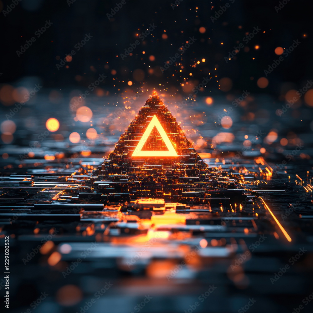 Poster intriguing digital pyramid glowing in a dark environment with vibrant particles blurry backgrounds