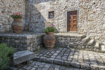 Entrance area decorated with flowers at the Castello di Ama winery, Chianti region, Tuscany, Italy, Europe