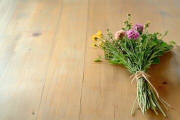 Fototapeta premium Charming bouquet of wildflowers elegantly tied with twine, showcasing nature's vibrant beauty.