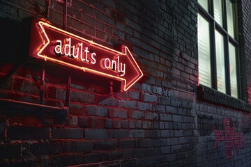 Fototapeta premium Red neon light sing with 'Adults only' text hanging on brick wall. KI generiert, generiert, AI generated