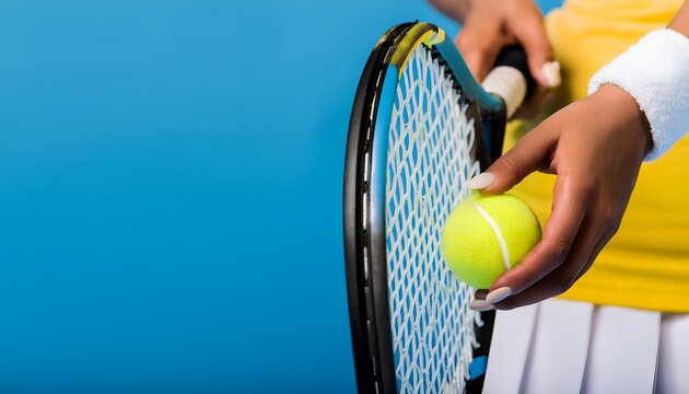 partial view of sportive young woman holding tennis racket and ball while playing on blue new