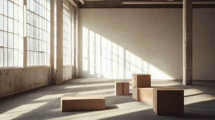 Fototapeta premium A realistic image of four simple cardboard boxes arranged in an industrial style room setting