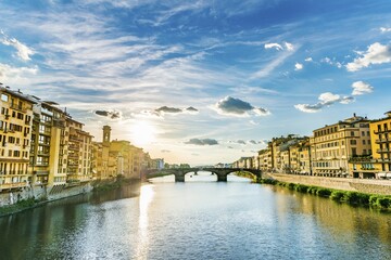 Naklejka premium View of Ponte Santa Trinita bridge from Ponte Vecchio over Arno River, Florence, Tuscany, Italy, Europe