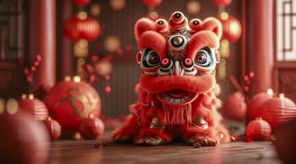 A detailed lion dance costume in a traditional red indoor setting, AI generated