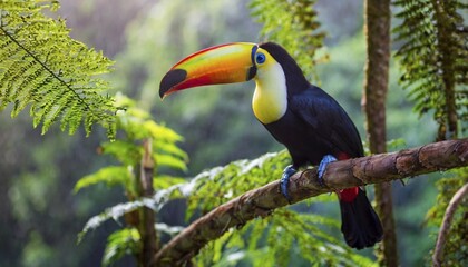 Fototapeta premium KI generated, animal, animals, bird, birds, biotope, habitat, one, individual, toco toucan (Ramphastos toco), foraging, wildlife, toucan, woodpecker, woodpecker birds, Central and South America, perch, branch