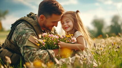 Fototapeta premium Heartwarming reunion between a soldier and his daughter with flowers soldier's hug