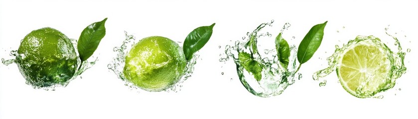 Limes splashing in water, leaves, white background, fresh