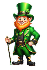 Happy leprechaun with a cane. St. Patrick's day. Isolated on a transparent background