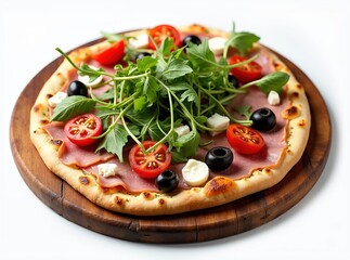 Gourmet Flatbread with Ham, Olives, Cheese, Tomatoes & Arugula