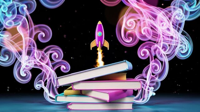 Beautiful abstract illustration with a toy rocket launching from a stack of colorful books, surrounded by swirling bokeh lights and soft smoke trails rising into the sky. The scene symbolizes inspirat