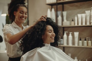 In a modern salon, a professional hairdresser is working on a client with curly hair, showcasing their expertise in cosmetology and improving wellbeing through skilled haircut services