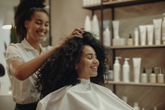 In a modern salon, a professional hairdresser is working on a client with curly hair, showcasing their expertise in cosmetology and improving wellbeing through skilled haircut services