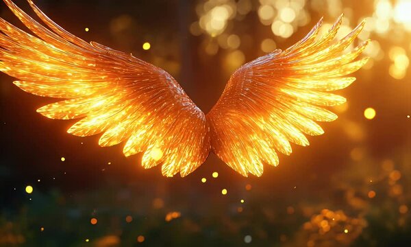 A pair of glowing, ethereal wings illuminated by sunlight, creating a magical atmosphere.