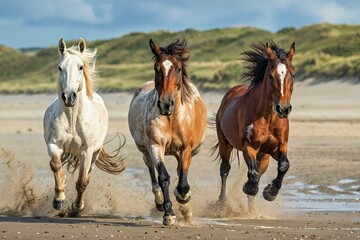 Three Irish wild horses gallop dynamically on a sandy beach with splashing sand, AI generated, AI generated