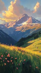 Fototapeta premium Mountain Valley Sunset Meadow Painting