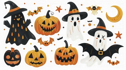 Fototapeta premium Halloween-themed illustrations with pumpkins, ghosts, bats, and witches' hats in orange and black, AI generated