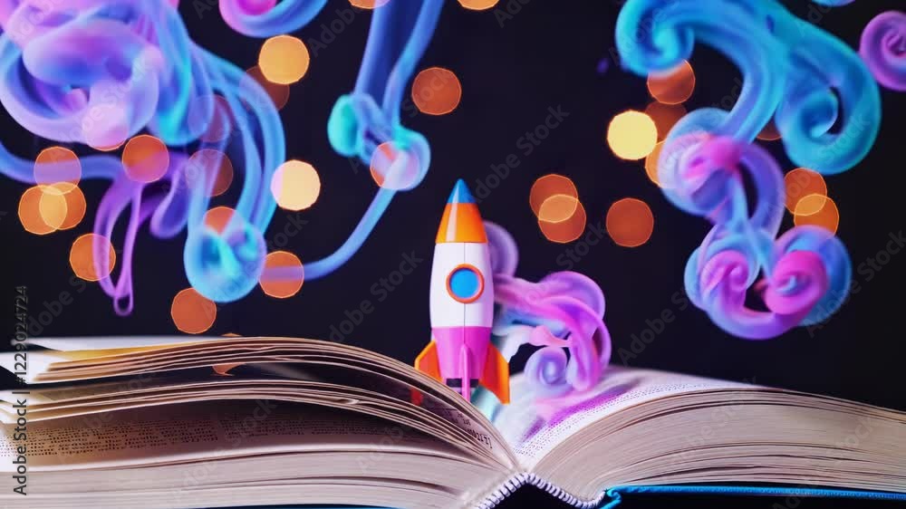 Aufkleber beautiful abstract illustration with a toy rocket launching from a stack of colorful books, surround