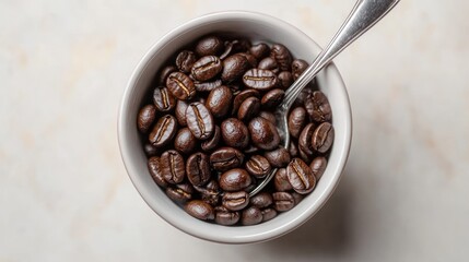 Roasted coffee beans in a bowl with a spoon.