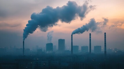 Obraz premium A striking view of industrial smokestacks releasing thick smoke into the dusk sky, highlighting the impact of pollution on urban landscapes and the environment.