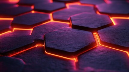 Obraz premium Glowing hexagonal pattern, dark texture.