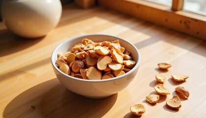 Aromatic wood chips in decorative bowl on wooden table, natural elegance