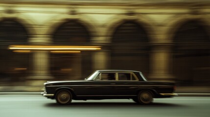 Fototapeta premium Classic car speeding through city street.