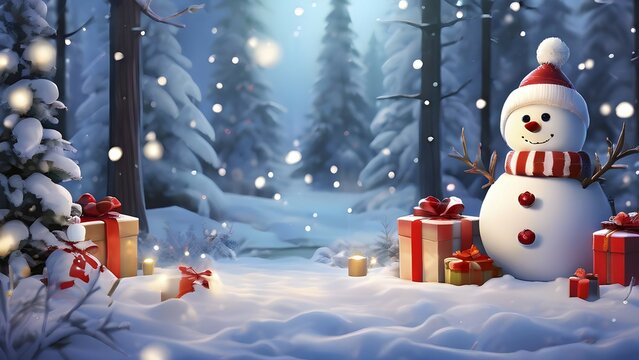 Peaceful and serene Christmas scene with a decorated Christmas tree with gifts presents and a cute snowman in a snowy forest, AI generated
