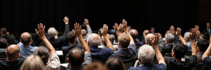 A diverse mixed audience raises their hands voting in important decision at a professional seminar, business meeting or political event. Photorealistic banner with copy space