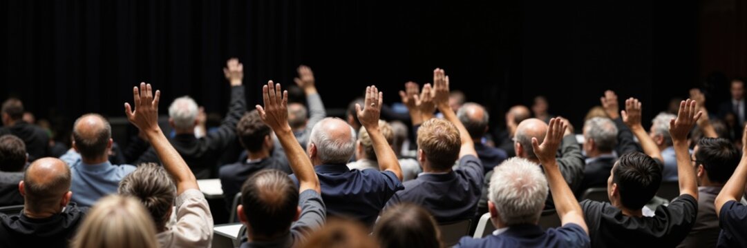 A diverse mixed audience raises their hands voting in important decision at a professional seminar, business meeting or political event. Photorealistic banner with copy space