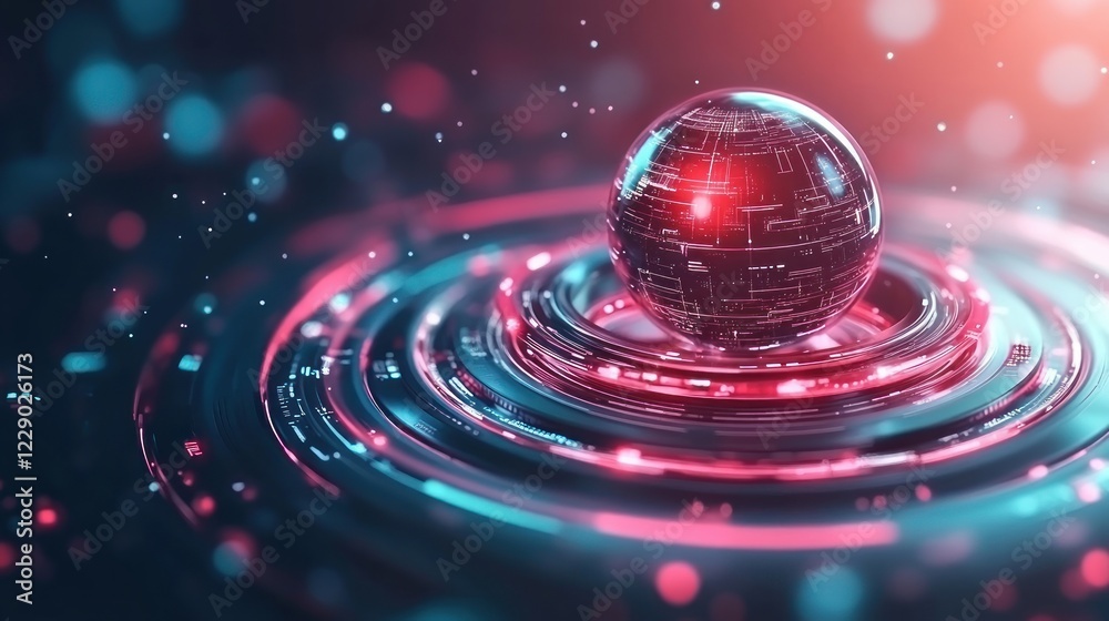 Poster Futuristic digital sphere with glowing waves and intricate patterns Blur background