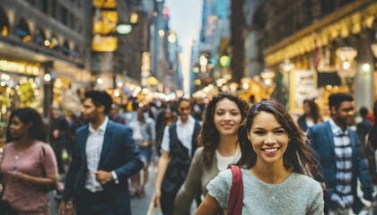 Smiling people walking in a crowd on a city street during the daytime, rush hour commuting time, sunset, blurry cityscape, bokeh effect, AI generated