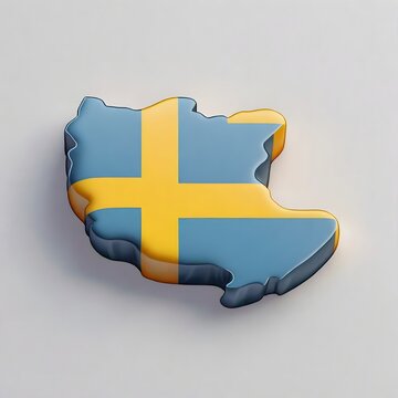 A stylized three dimensional map of sweden is depicted featuring the swedish flag's yellow cross on a blue background casting a soft shadow on a light surface