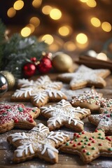 A detailed shot of Christmas cookies on a wooden table, featuring star-shaped cookies with colorful icing, sprinkles, and powdered sugar, AI generated