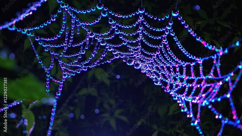 Poster A glowing neon spiderweb in the jungle at night, with drops of dew refracting multicolored light like tiny prisms.
