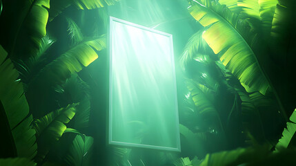 Obraz premium Jungle mirror mockup, sunlit leaves, tropical ad