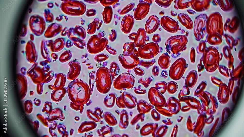 Aufkleber a detailed close-up of a blood smear under a microscope, highlighting abnormal cell shapes and patte