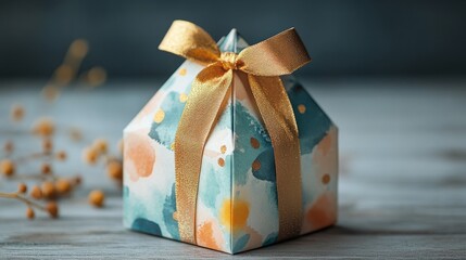 A triangular paper gift box with watercolor patterns and a golden ribbon 