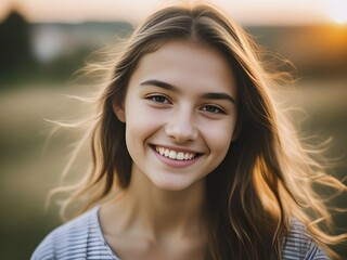 Fototapeta premium Smiling girl, teenager with caucasian look outside in summer, bokeh, portrait, looking into the camera, AI generated, AI generated, AI generated