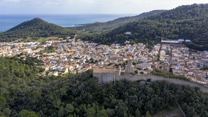 Obraz premium Drone shot, city view with Castell de Capdepera, Capdepera, Majorca, Balearic Islands, Spain, Europe
