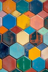 Explore the beauty of colorful hexagonal tiles arranged in vibrant patterns. Perfect for interior design projects, these tiles bring a cheerful and artistic touch to any space.
