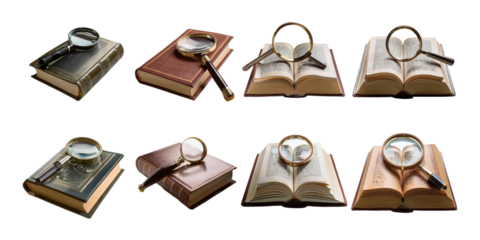 Magnifying Glasses on Open and Closed Books, PNG collection, set bundle, isolate on transparent or white background